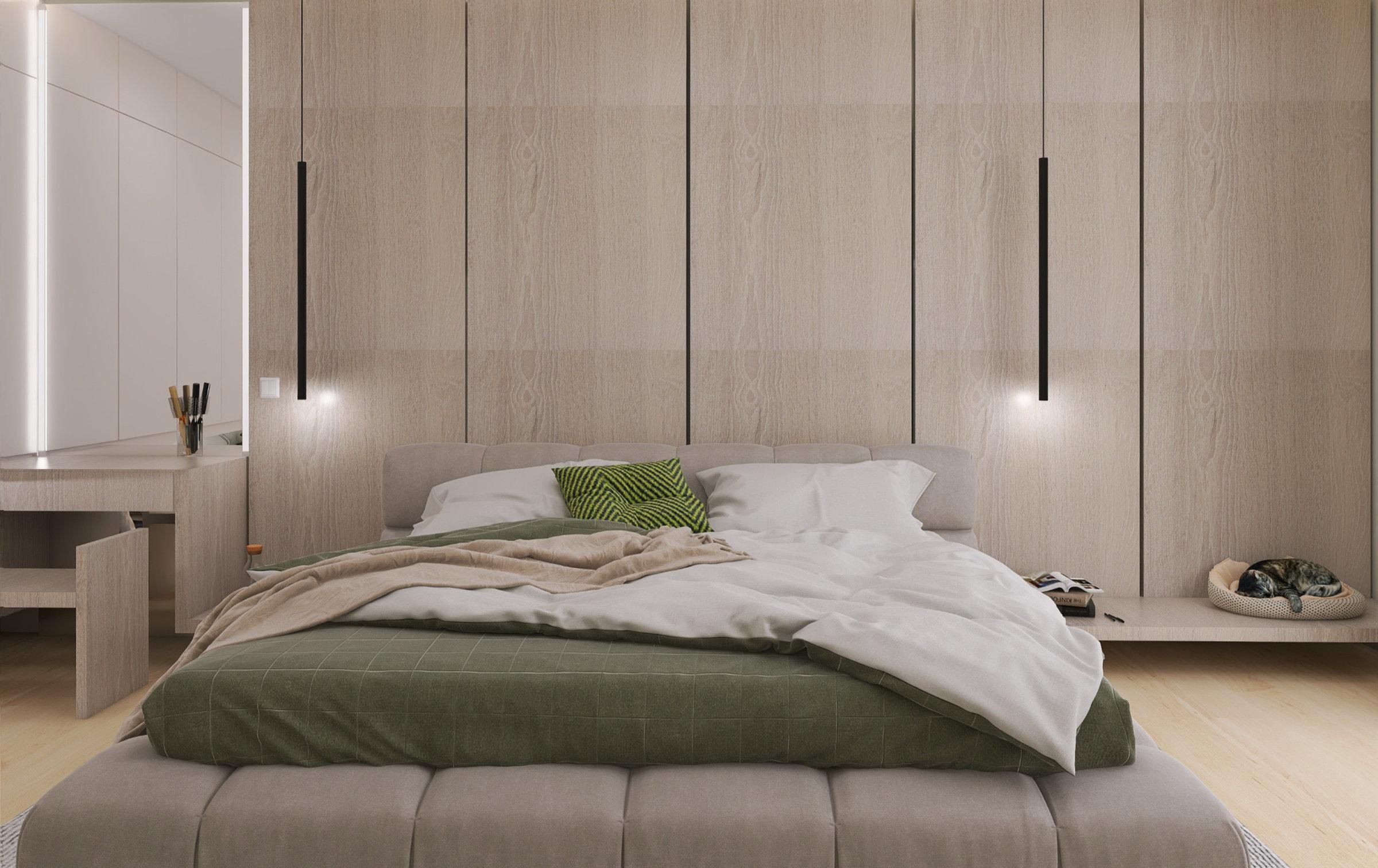 Eco Interspace bedroom interior with wood panelling and green linen